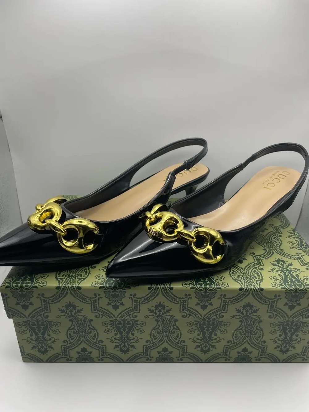 Gucci Black Patent Leather Slingback Mules with Gold Chain Hardware